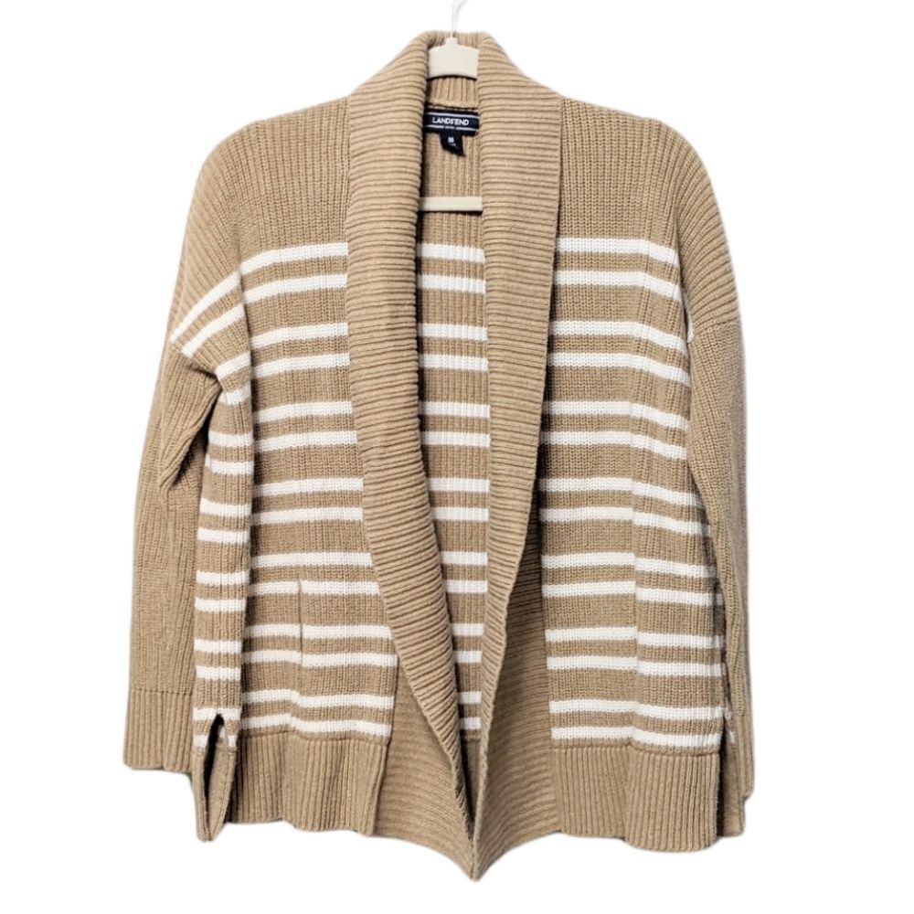 LAND'S END Cotton Striped Open Front Cardigan Neutral